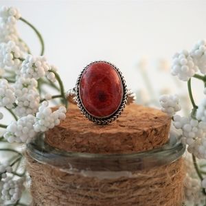 925 Sterling Silver Genuine Coral Ring